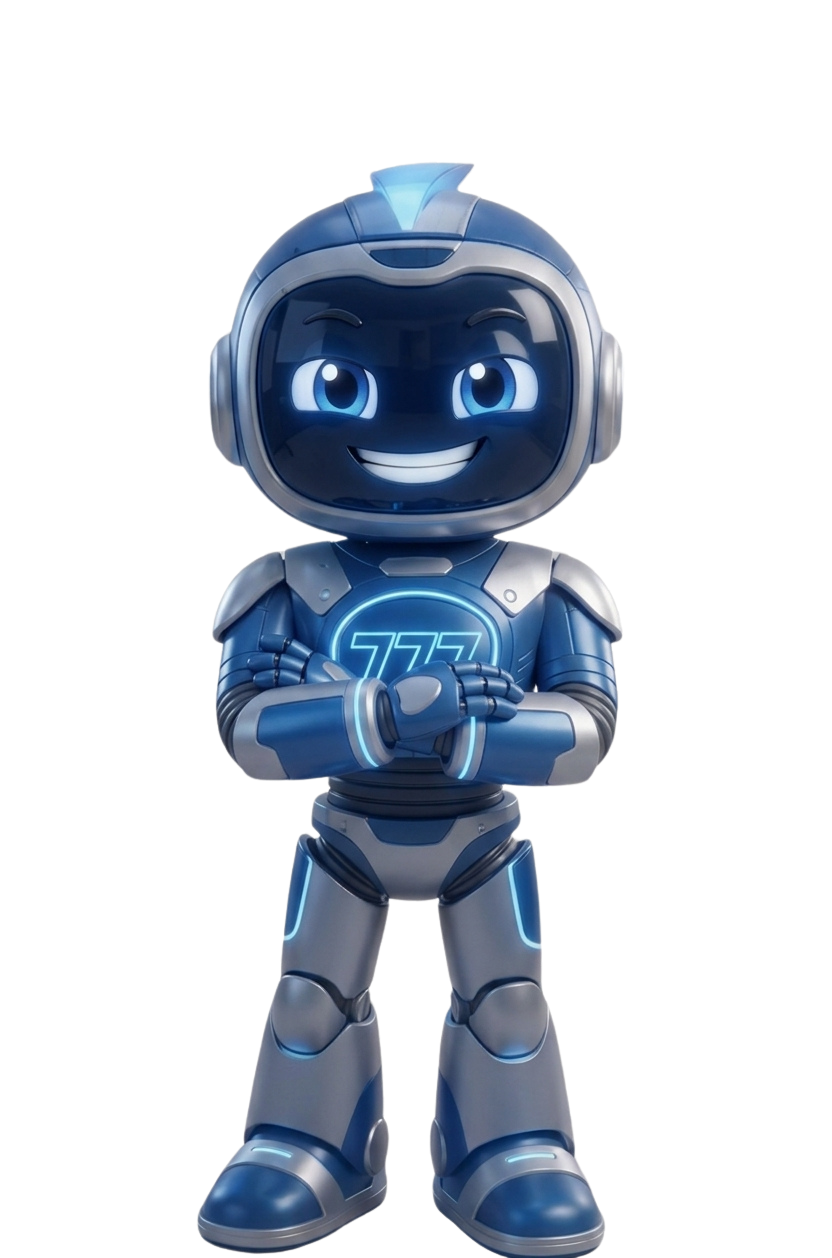 Mascote da 777 Flash Internet com os braços cruzados