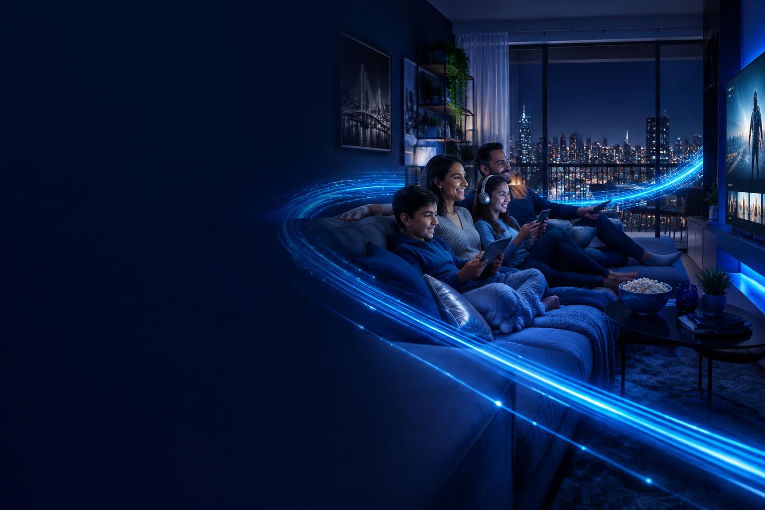 Família conectada à internet da 777 Flash Internet em casa