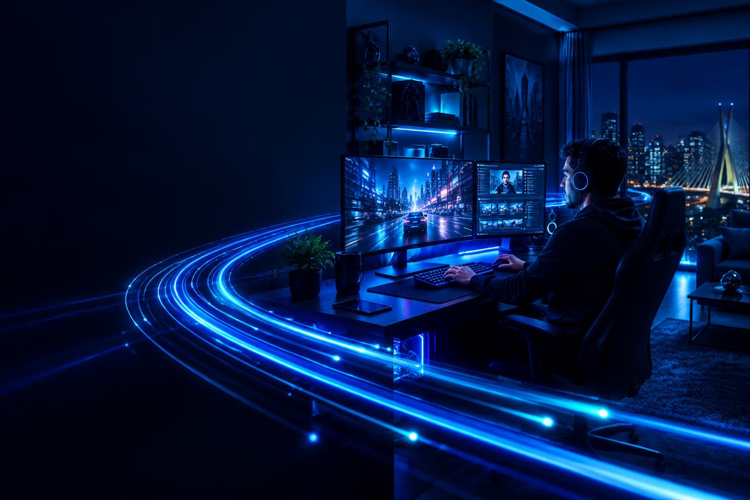 Jogador usando a conexão de fibra da 777 Flash Internet